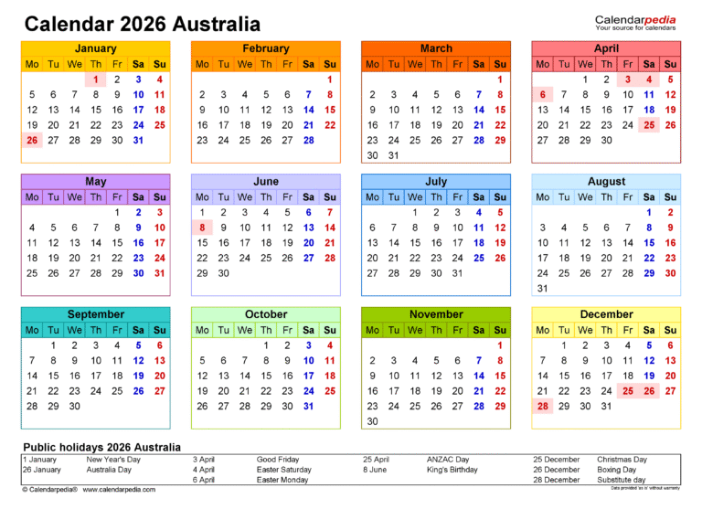 2026 calendar template australia 1