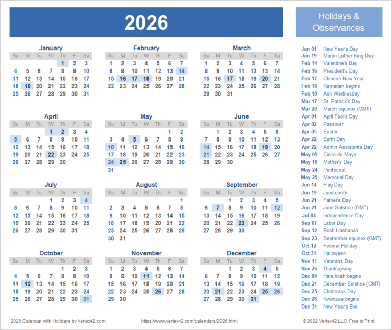 2026 calendar with holidays