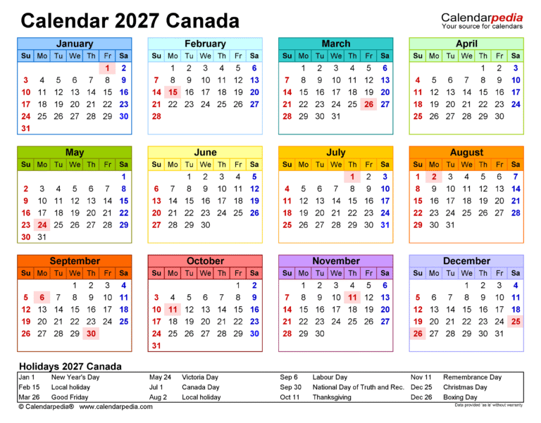 2027 calendar canada template