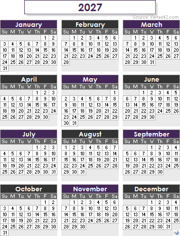 2027 calendar purple gray