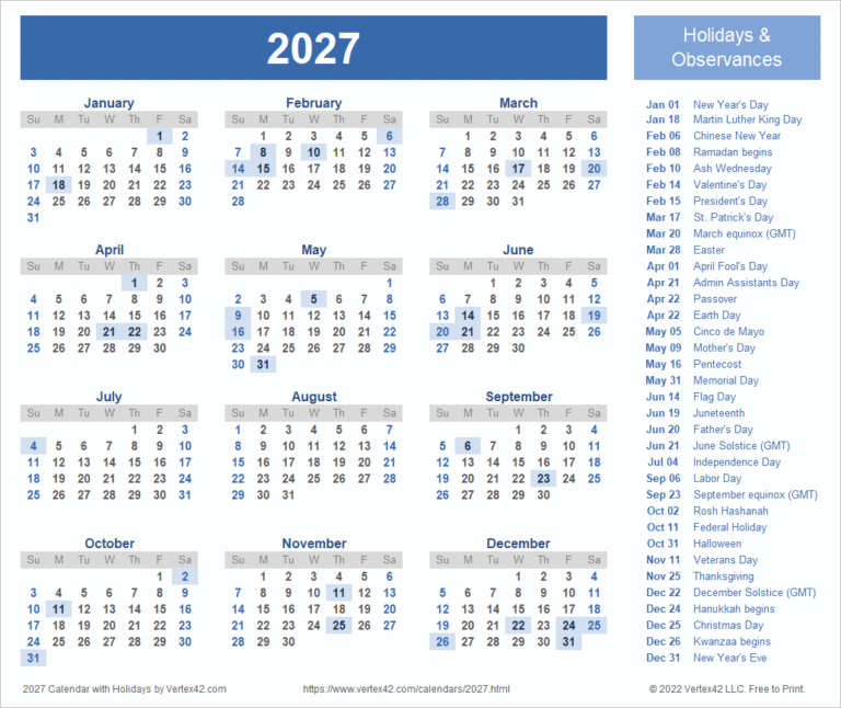 2027 calendar with holidays