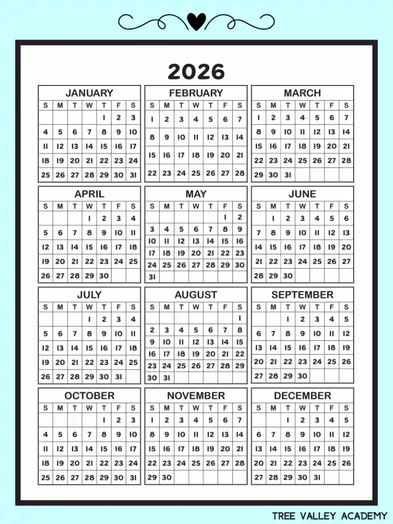 Calendar For 2026 Printable 1 2026 One Page Calendar