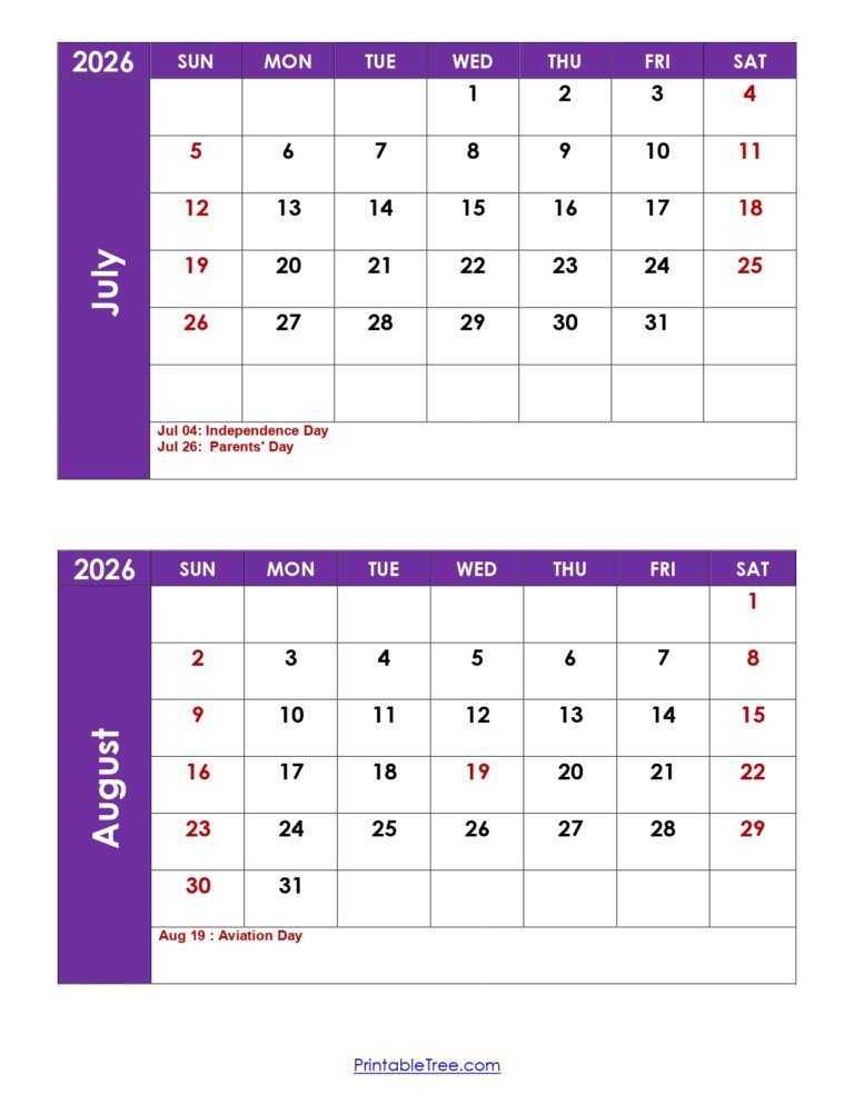 July And August 2026 Calendar Printable 6 July and August 2026 Calendar with Holidays
